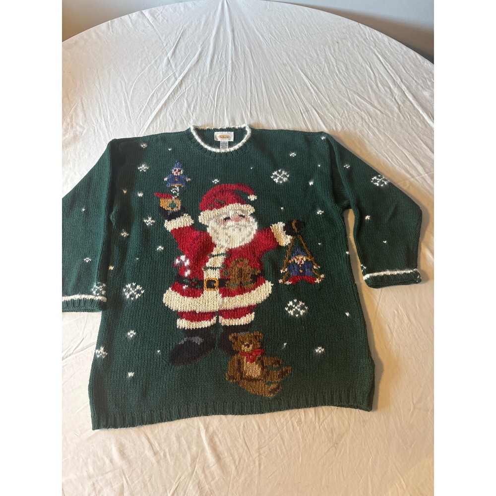 Talbots Christmas Sweater Womens L Green Vintage Santa Teddy Bear Ramie Cotton